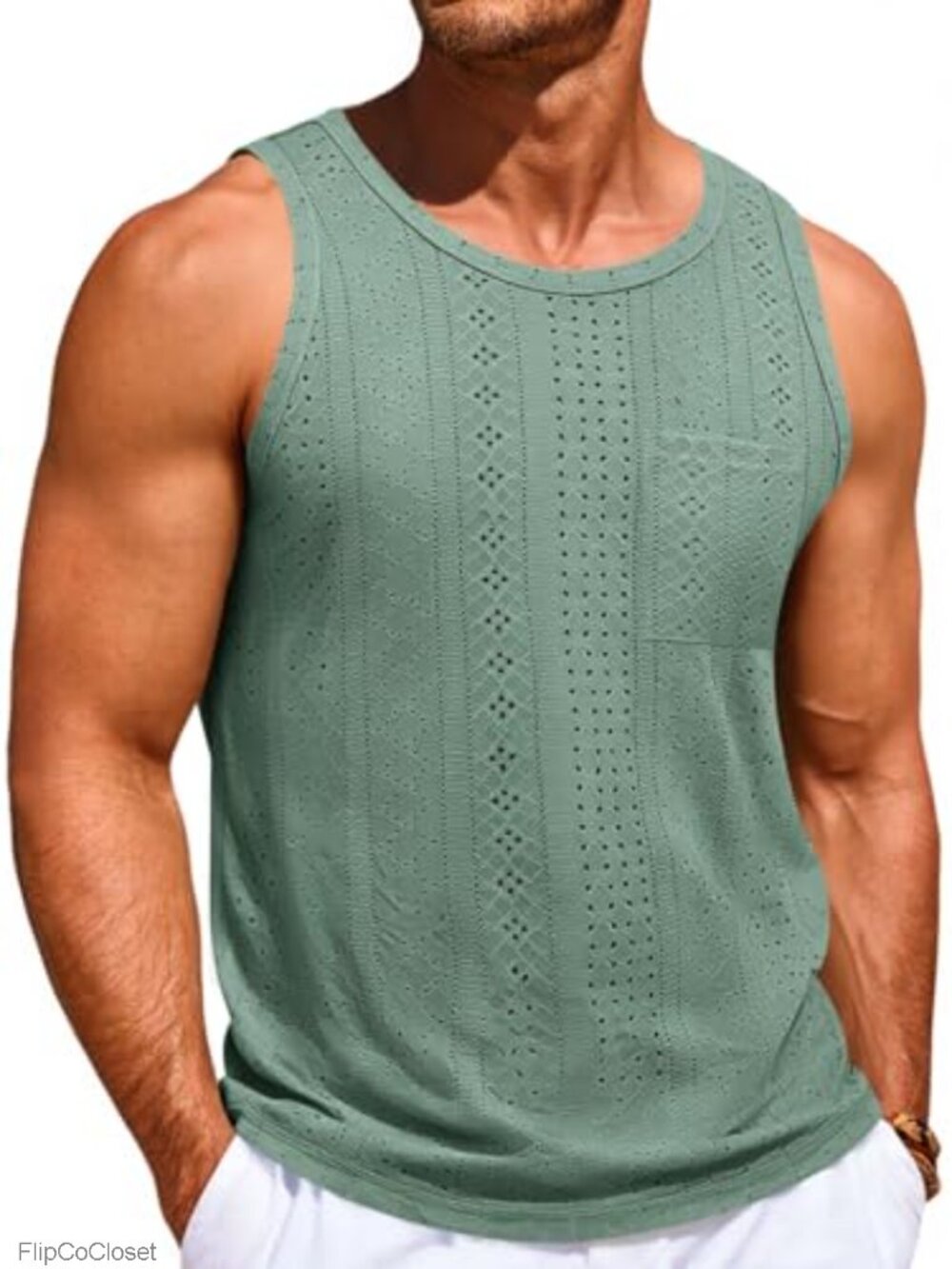 Mens Crochet Hollow Out Tank Top Sleeveless Crew Neck Pocket Beach Gym Casual